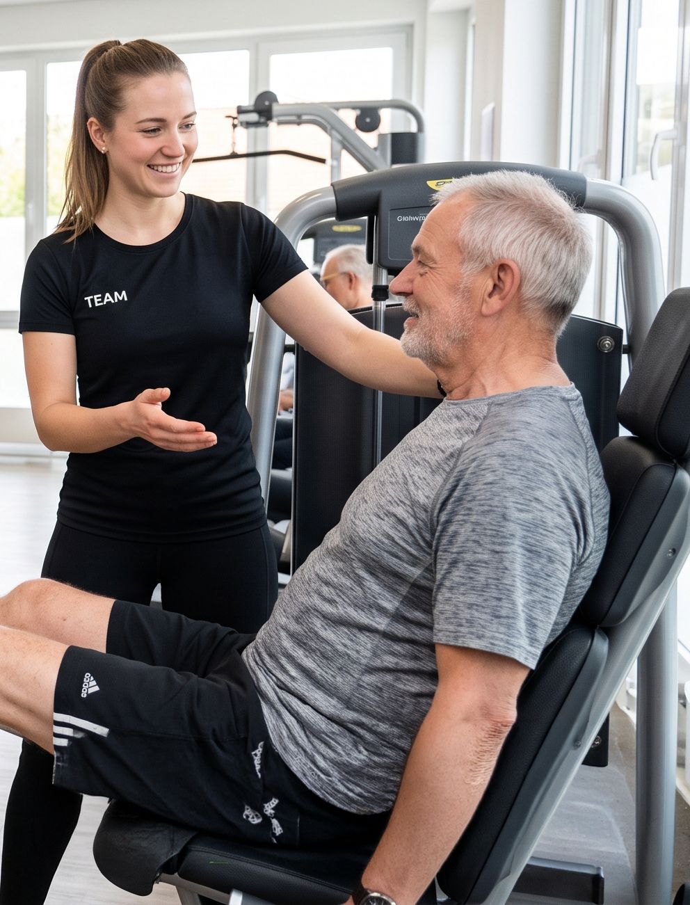 Mitarbeiterin im Team-Shirt erklärt einem älteren Mitglied ein Kraftgerät im Gesundheitsstudio Leinefelde
