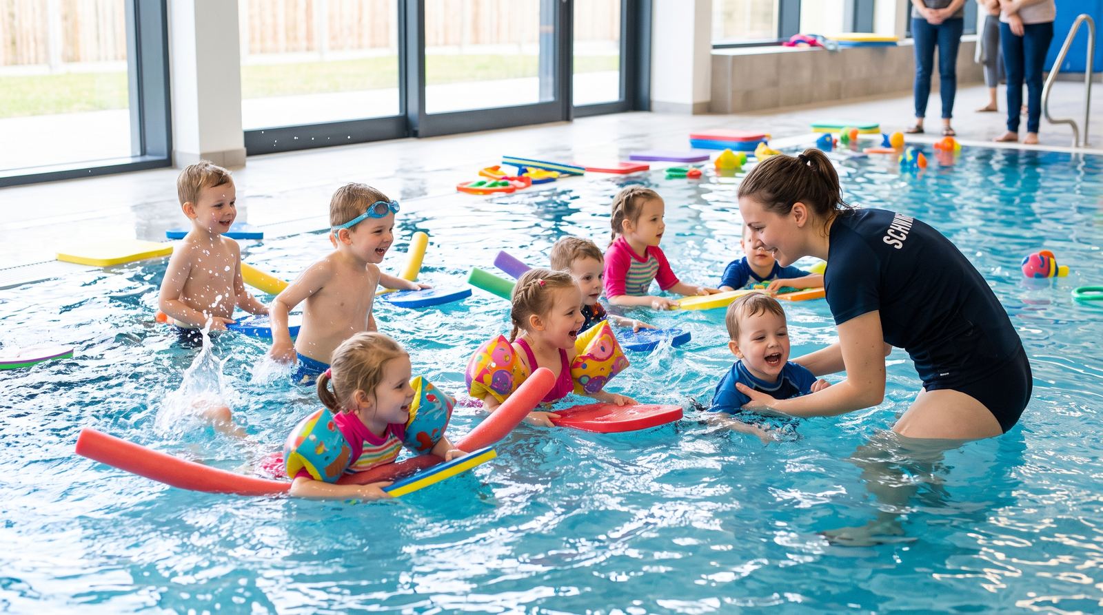Kinder lernen mit Schwimmnudeln und Schwimmbrettern schwimmen, Schwimmkurs der Schwimm- und Rettungsschule Eichsfeld